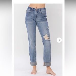 Just Blue mid rise knee destroyed cuffed long boyfriend jeans